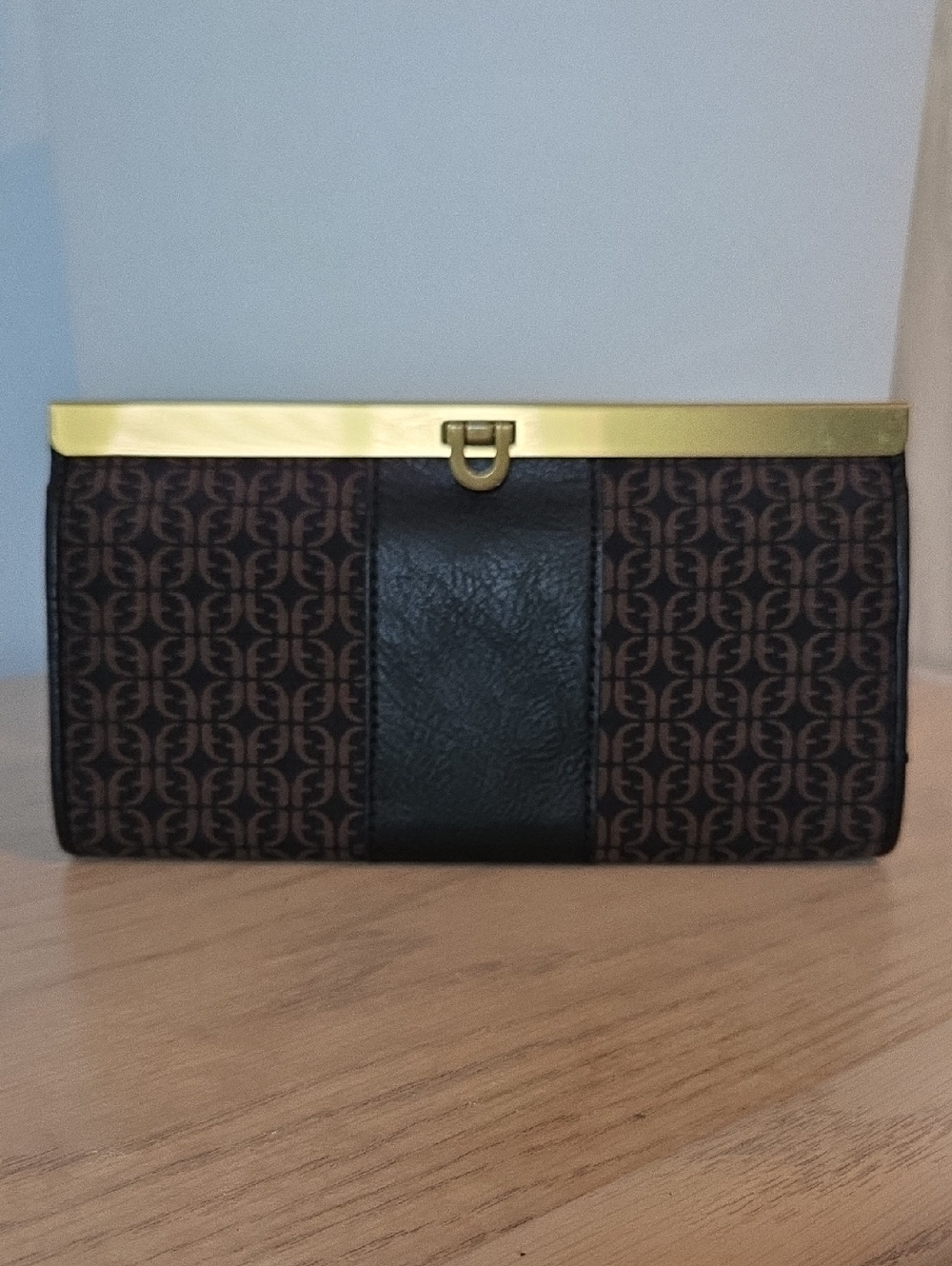Fossil Brown & Black Signature Logo Frame Clutch with Gold Trim & Flip Clasp